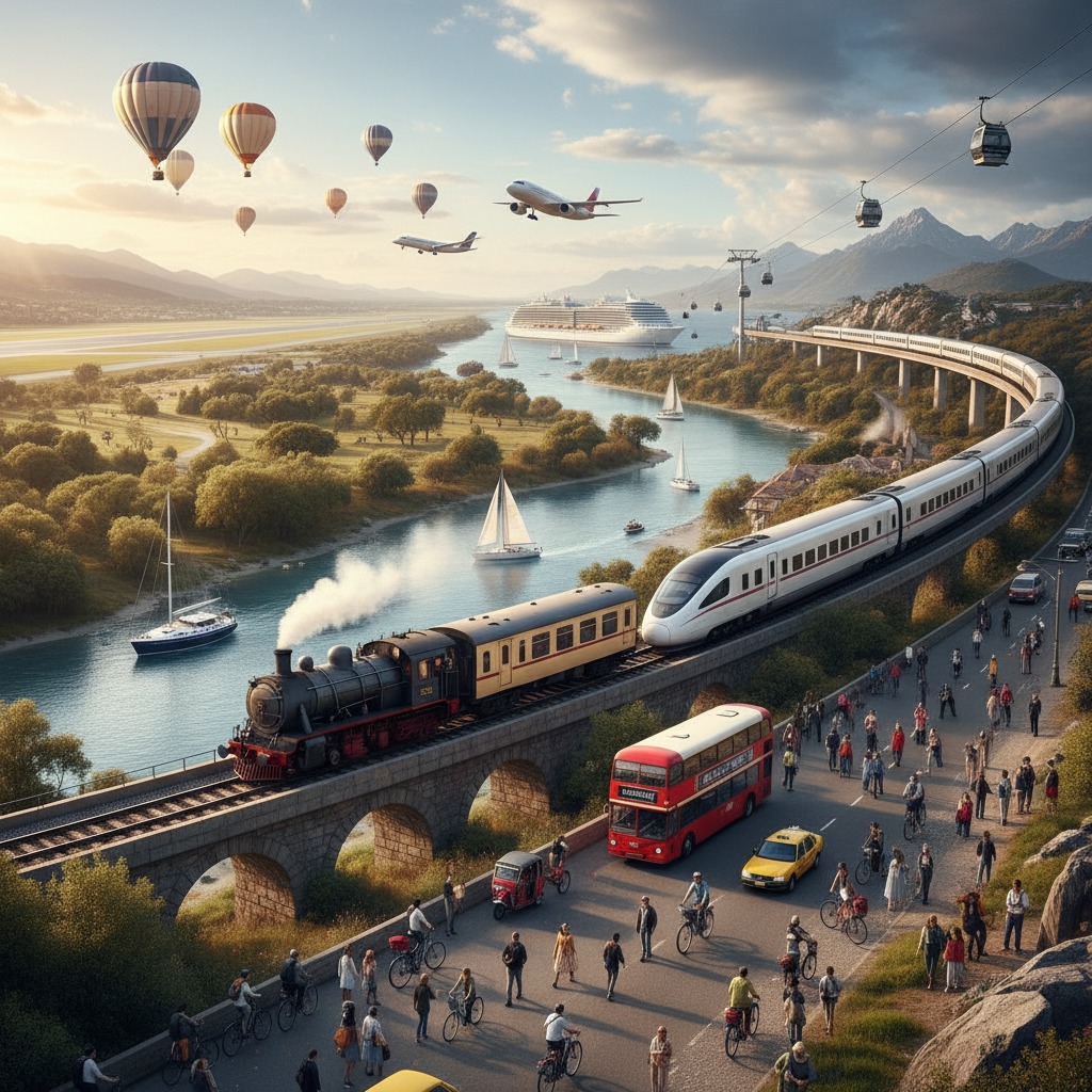 En livlig montage af forskellige transportmidler, herunder tog, fly, skibe, varmluftballoner og cykler, i et bakket landskab med flod og bjerge.